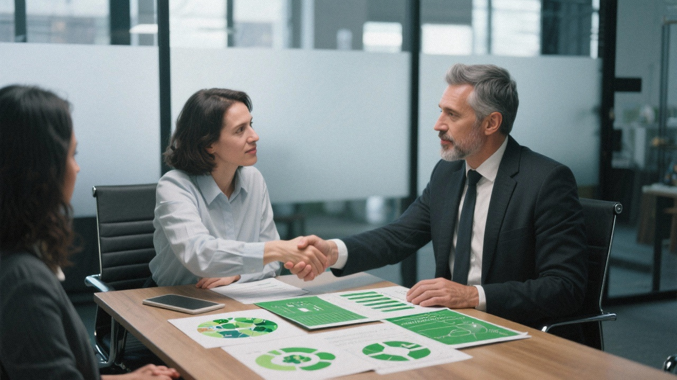 Billede af en konsulent, der diskuterer miljøstrategi med en virksomhedsleder